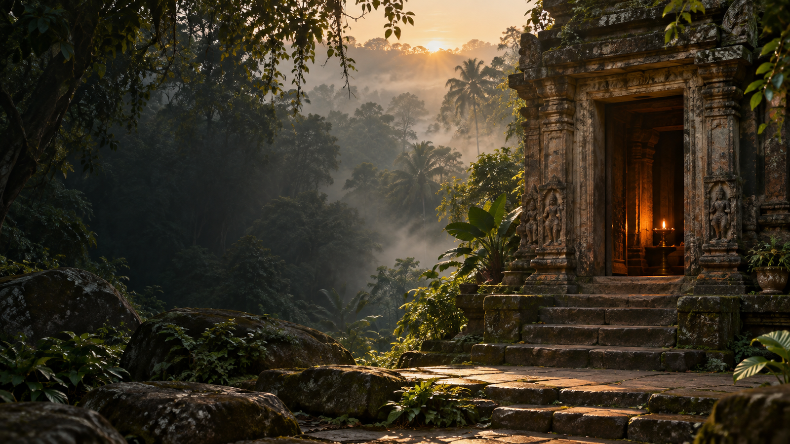 AI-created temple sanctuary in a misty tropical forest, with stone steps and a softly glowing lamp